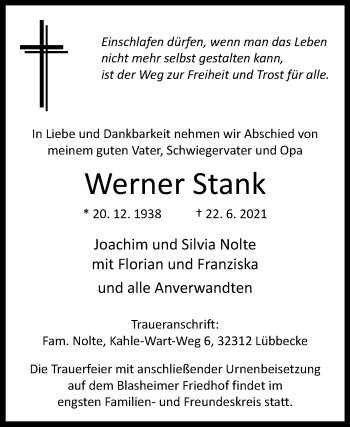 Traueranzeige von Werner Stank von Westfalen-Blatt