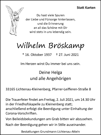 Traueranzeige von Wilhelm Bröskamp von Westfalen-Blatt