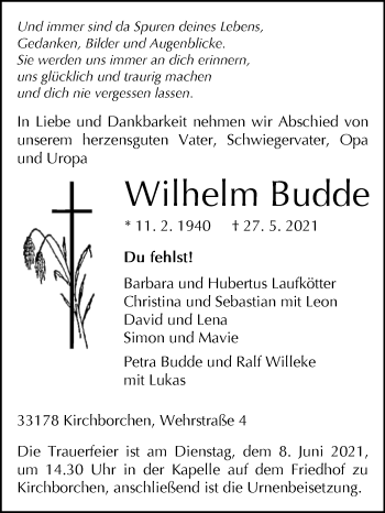 Traueranzeige von Wilhelm Budde von Westfalen-Blatt