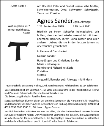 Traueranzeige von Agnes Sander von Westfalen-Blatt