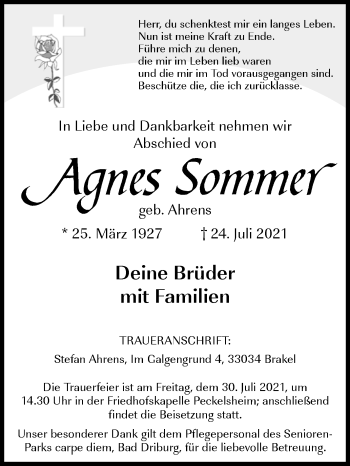 Traueranzeige von Agnes Sommer von Westfalen-Blatt