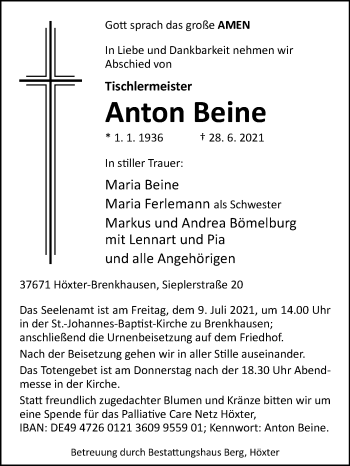 Traueranzeige von Anton Beine von Westfalen-Blatt