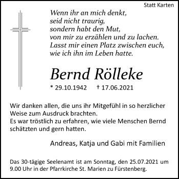 Traueranzeige von Bernd Rölleke von Westfalen-Blatt