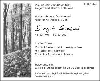 Traueranzeige von Birgit Siebel von Westfalen-Blatt