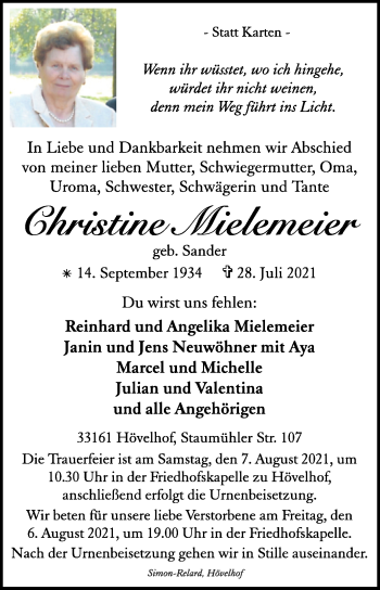 Traueranzeige von Christine Mielemeier von Westfalen-Blatt