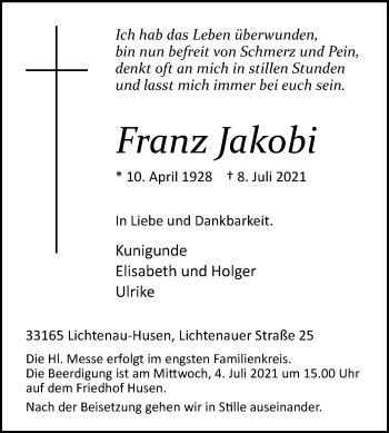 Traueranzeige von Franz Jakobi von Westfalen-Blatt