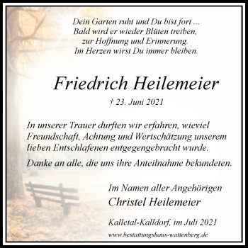 Traueranzeige von Friedrich Heilemeier von Westfalen-Blatt