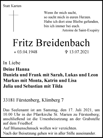 Traueranzeige von Fritz Breidenbach von Westfalen-Blatt