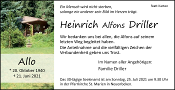 Traueranzeige von Heinrich Alfons Driller von Westfalen-Blatt