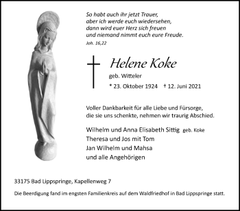 Traueranzeige von Helene Koke von Westfalen-Blatt