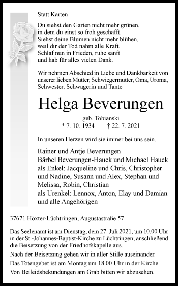 Traueranzeige von Helga Beverungen von Westfalen-Blatt