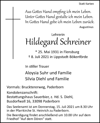 Traueranzeige von Hildegard Schreiner von Westfalen-Blatt