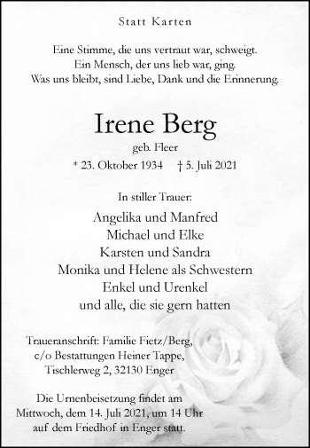 Traueranzeige von Irene Berg von Westfalen-Blatt