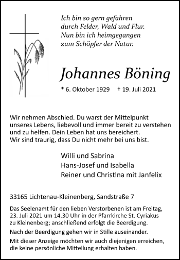 Traueranzeige von Johannes Böning von Westfalen-Blatt