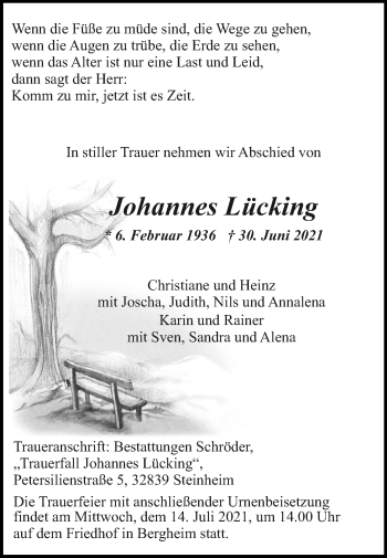 Traueranzeige von Johannes Lücking von Westfalen-Blatt