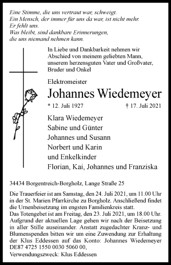 Traueranzeige von Johannes Wiedemeyer von Westfalen-Blatt