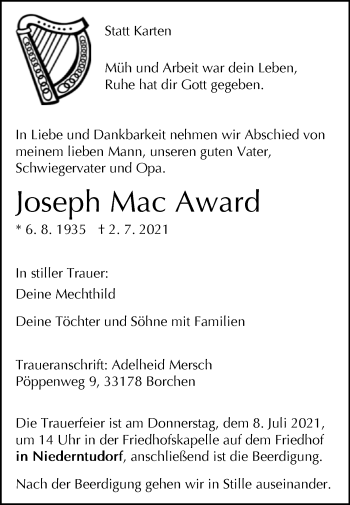 Traueranzeige von Joseph Mac Award von Westfalen-Blatt