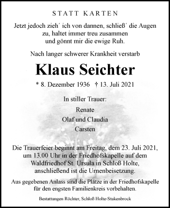 Traueranzeige von Klaus Seichter von Westfalen-Blatt