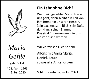 Traueranzeige von Maria Gehle von Westfalen-Blatt