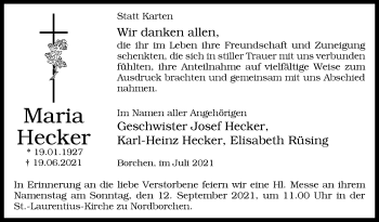 Traueranzeige von Maria Hecker von Westfalen-Blatt