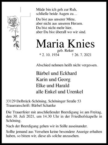 Traueranzeige von Maria Knies von Westfalen-Blatt