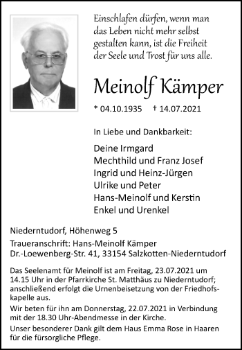 Traueranzeige von Meinolf Kämper von Westfalen-Blatt