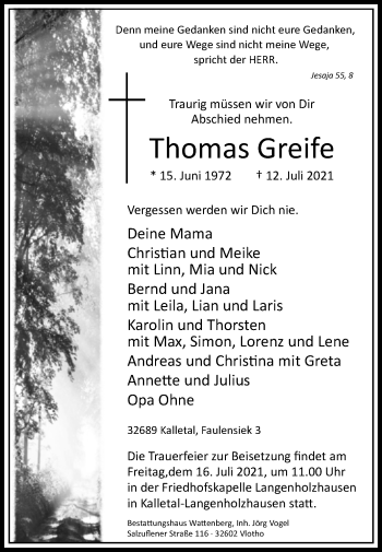 Traueranzeige von Thomas Greife von Westfalen-Blatt