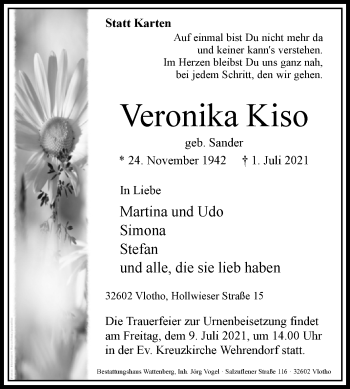 Traueranzeige von Veronika Kiso von Westfalen-Blatt