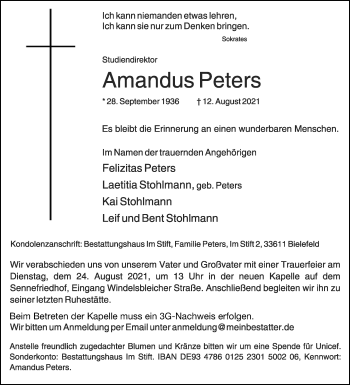 Traueranzeige von Amandus Peters von Westfalen-Blatt