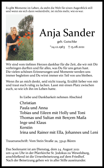 Traueranzeige von Anja Sander von Westfalen-Blatt