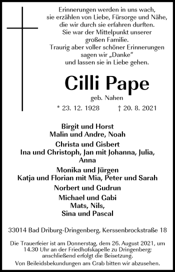 Traueranzeige von Cilli Pape von Westfalen-Blatt