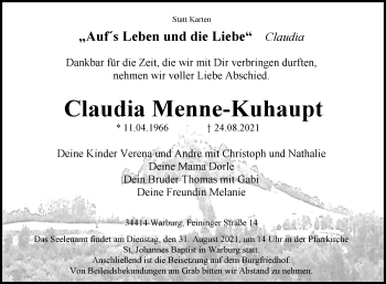 Traueranzeige von Claudia Menne-Kuhaupt von Westfalen-Blatt