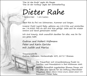 Traueranzeige von Dieter Rahe von Westfalen-Blatt