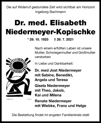 Traueranzeige von Elisabeth Niedermeyer-Kopischke von Westfalen-Blatt