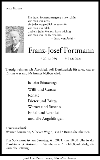 Traueranzeige von Franz-Josef Fortmann von Westfalen-Blatt