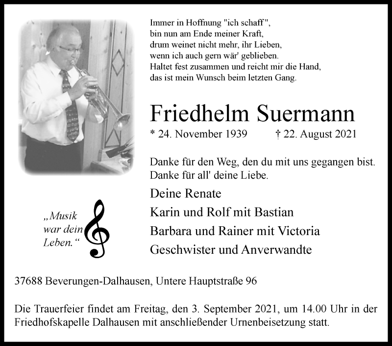  Traueranzeige für Friedhelm Suermann vom 28.08.2021 aus Westfalen-Blatt