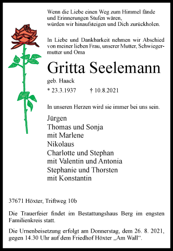 Traueranzeige von Gritta Seelemann von Westfalen-Blatt