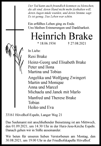 Traueranzeige von Heinrich Brake von Westfalen-Blatt