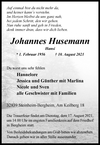 Traueranzeige von Johannes Husemann von Westfalen-Blatt