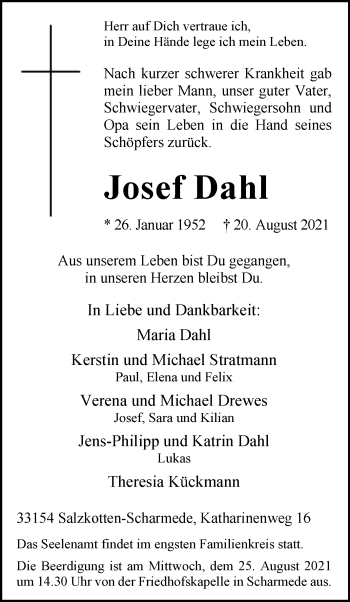 Traueranzeige von Josef Dahl von Westfalen-Blatt