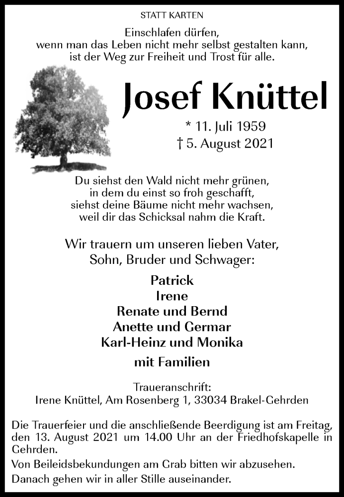  Traueranzeige für Josef Knüttel vom 10.08.2021 aus Westfalen-Blatt