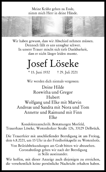 Traueranzeige von Josef Löseke von Westfalen-Blatt