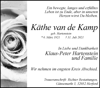 Traueranzeige von Käthe van de Kamp von Westfalen-Blatt