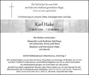 Traueranzeige von Karl Hake von Westfalen-Blatt