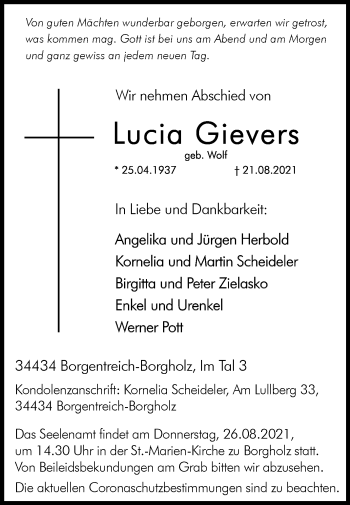 Traueranzeige von Lucia Gievers von Westfalen-Blatt