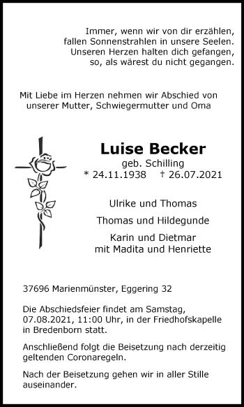 Traueranzeige von Luise Becker von Westfalen-Blatt