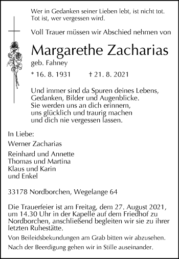 Traueranzeige von Margarethe Zacharias von Westfalen-Blatt