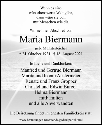 Traueranzeige von Maria Biermann von Westfalen-Blatt