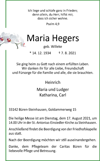 Traueranzeige von Maria Hegers von Westfalen-Blatt