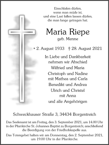 Traueranzeige von Maria Riepe von Westfalen-Blatt